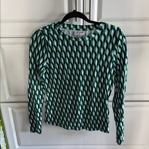 Diane Von Furstenberg Geometric Green and Blue Long Sleeve Top MEDIUM